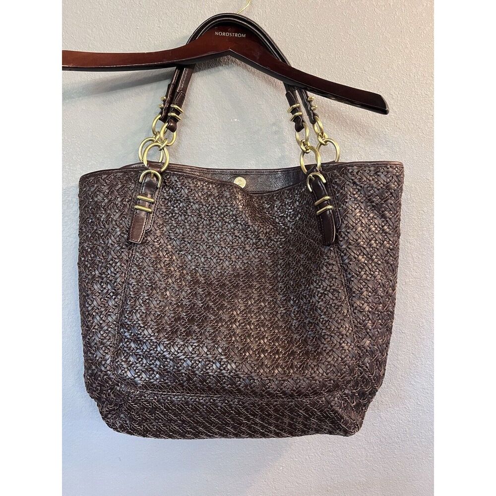 COACH EUC KRISTIN PINNACLE WOVEN LEATHER BROWNTOTE PURSE, 19746 MSRP $1200 - Picture 7 of 11